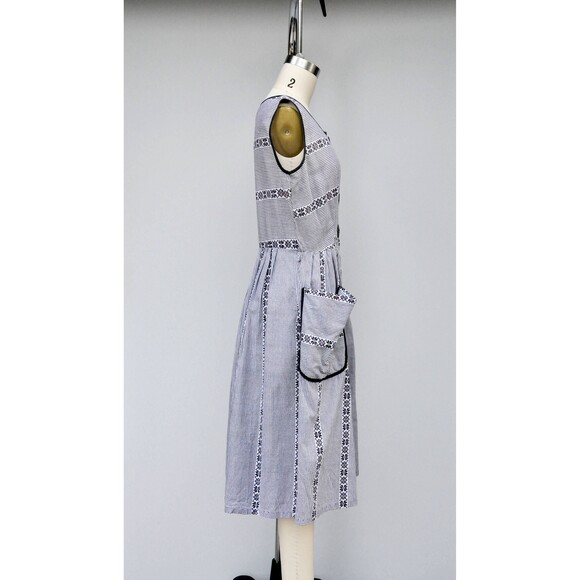 50s 60s Checkered Floral Dress LARGE POCKETS Pleated Pin Up Rockabilly S M - Picture 7 of 10